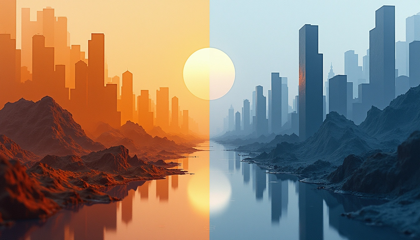 Split view of Almaty mountains and Astana's futuristic skyline representing Kazakhstan's two major cities