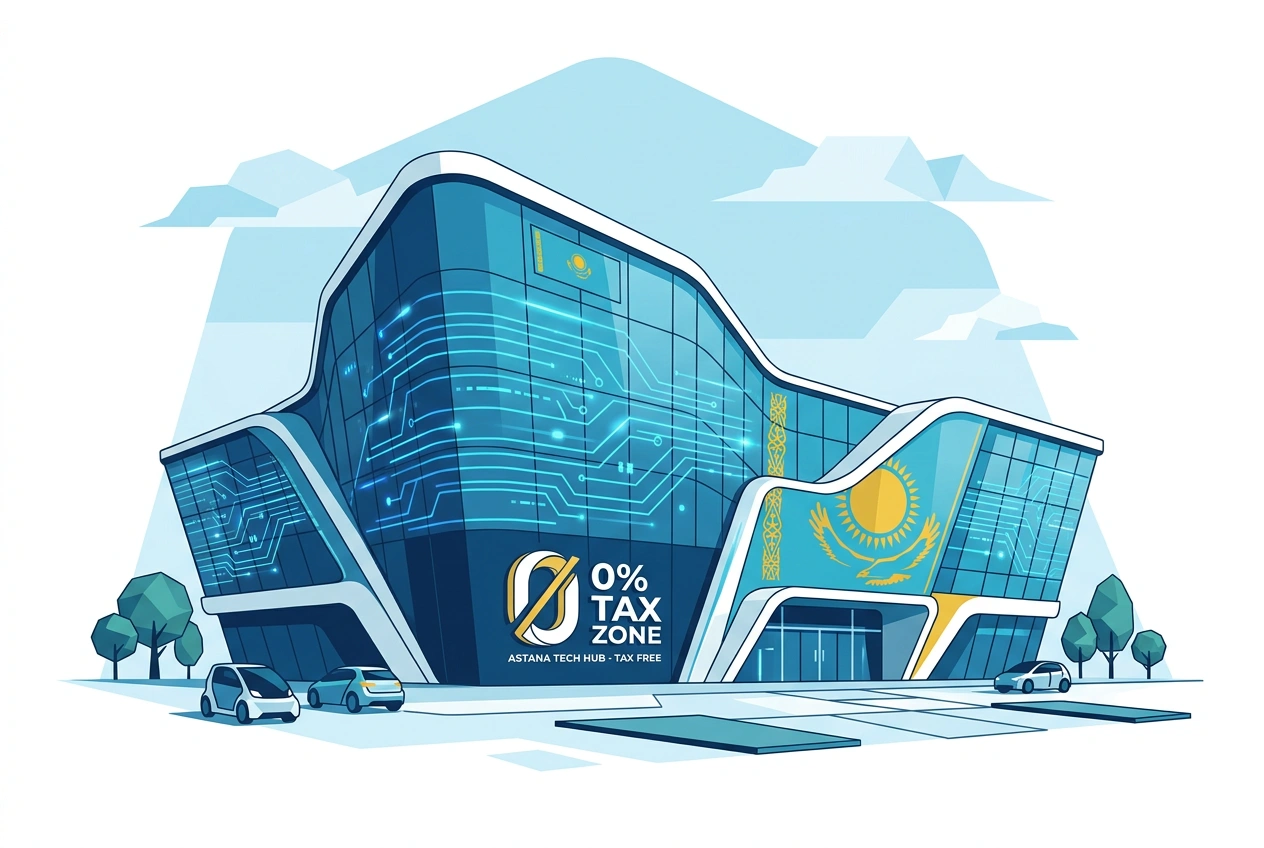 Astana Hub International Technopark building with futuristic Kazakhstan capital skyline