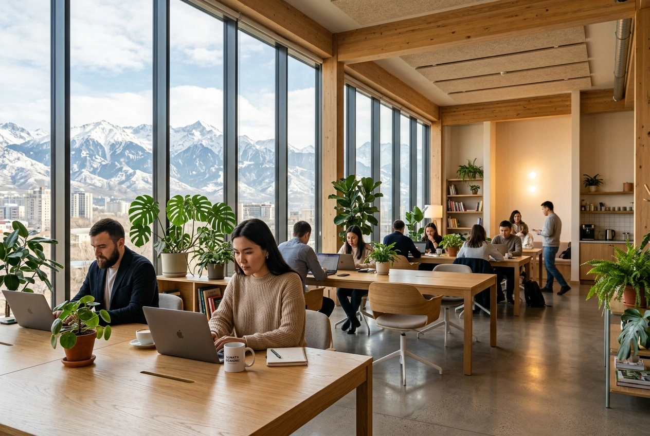 Modern coworking space interior in Almaty with mountain views through large windows