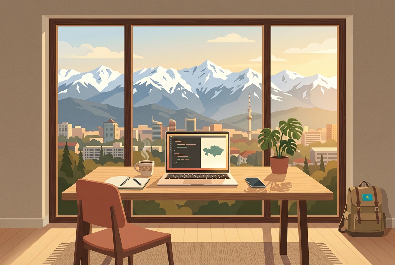 Digital nomad working from a laptop in Almaty with Tien Shan mountains in the background