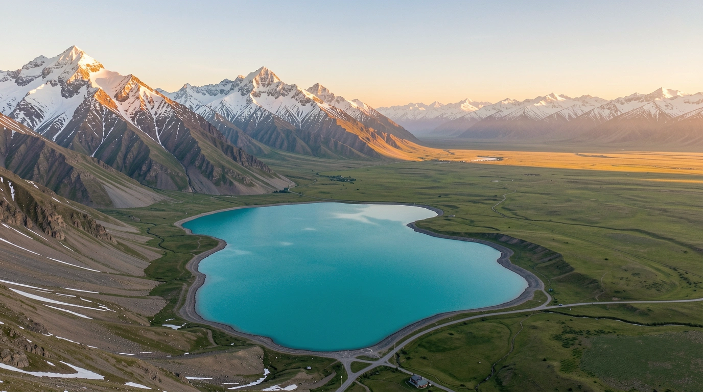 Dramatic Kazakhstan landscape with turquoise lake and snow-capped mountains
