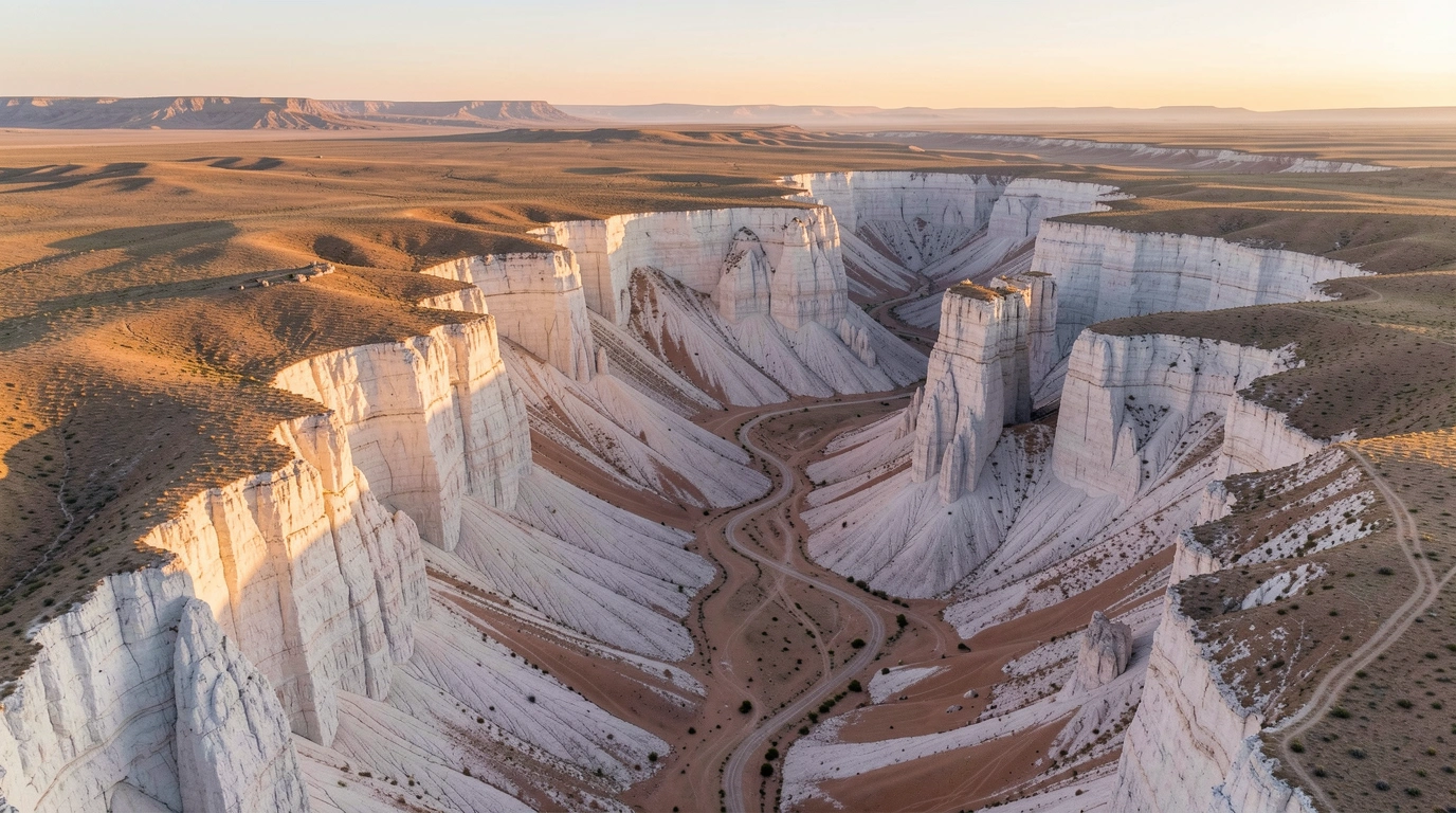 White chalk cliffs of Bozzhyra Valley in Mangystau Kazakhstan resembling a Martian landscape