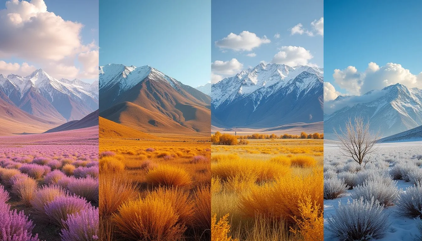 Almaty mountains in summer with wildflowers in the foreground under blue skies