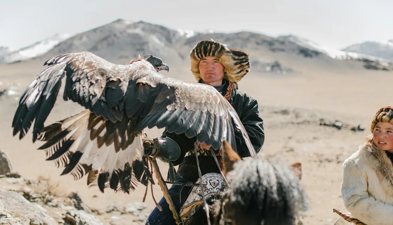 Kazakh cultural symbols including dombra, yurt, and steppe landscape
