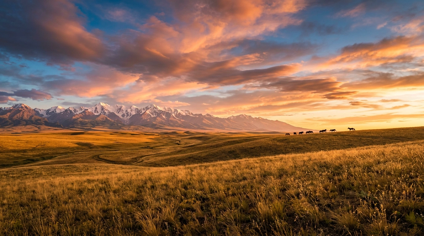Golden Kazakh steppe at sunset with snow-capped mountains and wild horses