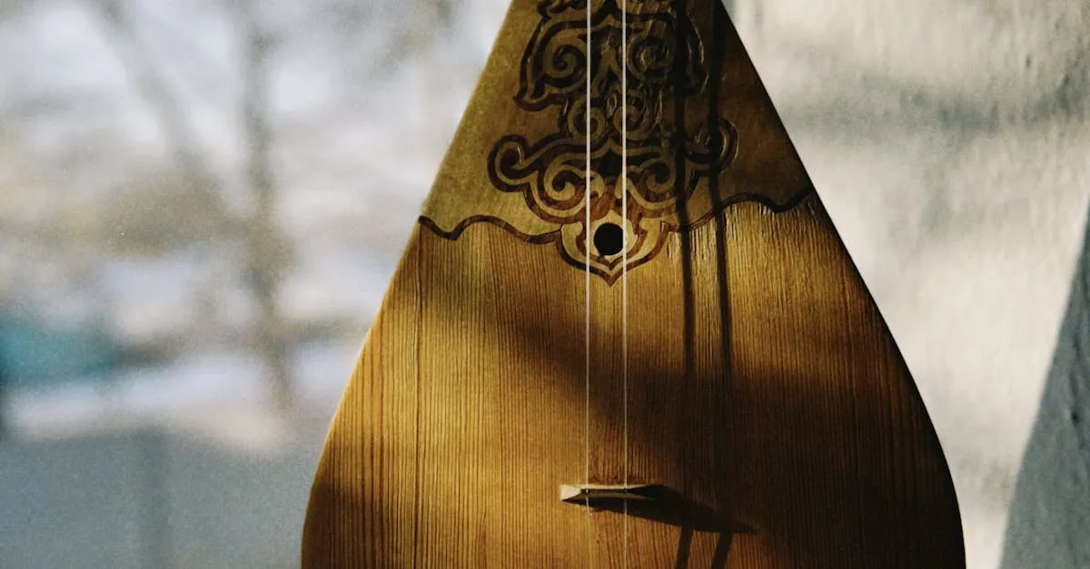 Traditional Kazakh dombra with ornamental carving displayed by a window in natural light