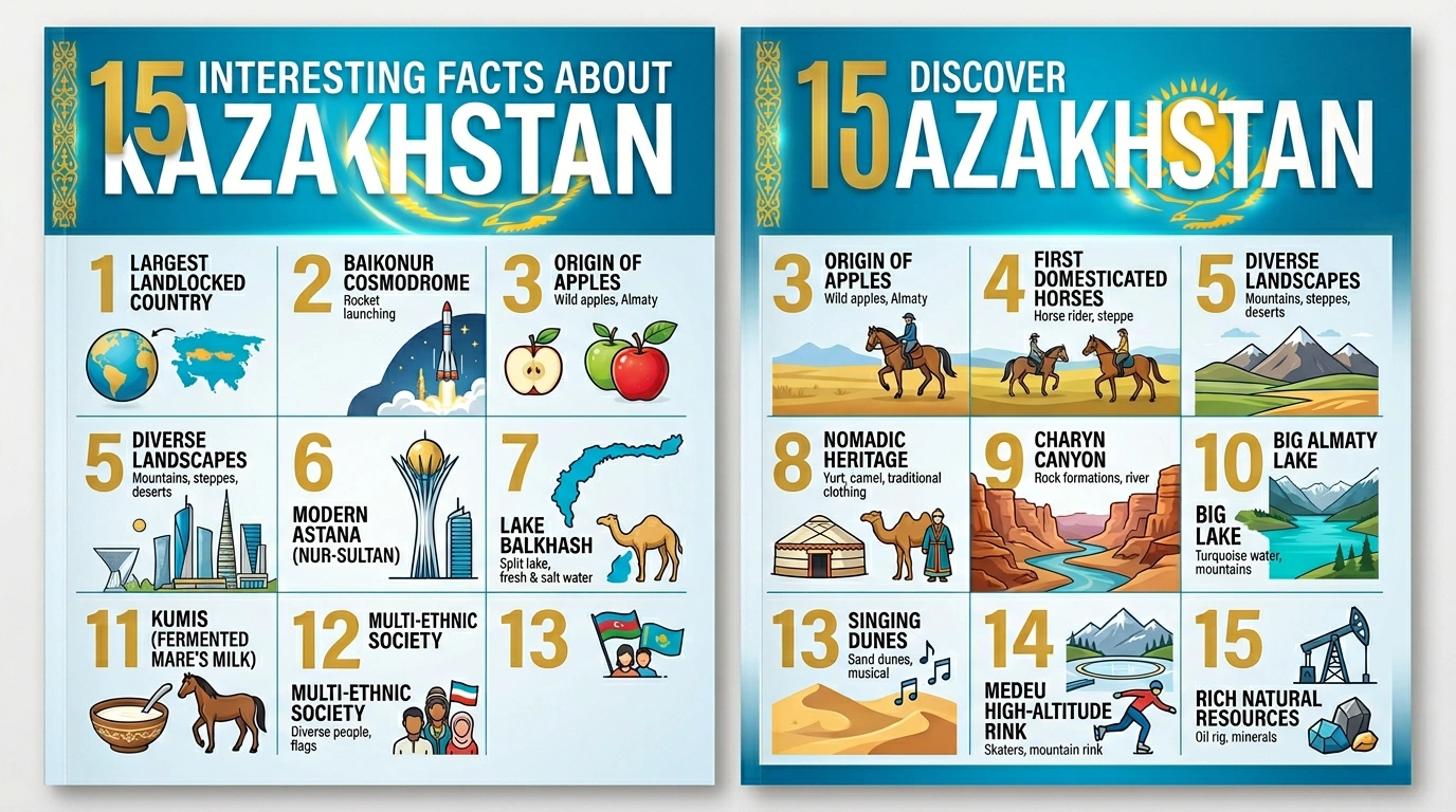 Collage of Kazakhstan landmarks — Bayterek tower, steppe, mountains and traditional yurt