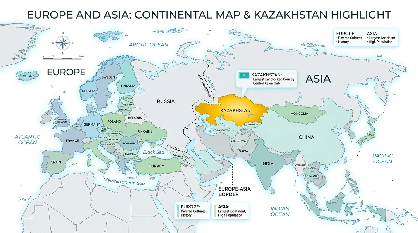 Map showing Kazakhstan's location spanning the Europe-Asia boundary near the Ural River