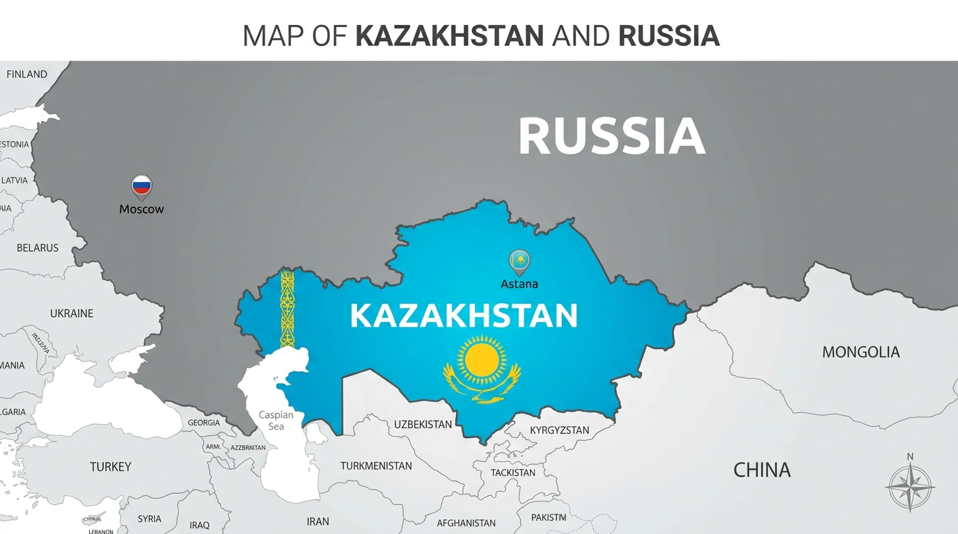 Map showing Kazakhstan and Russia as two separate countries in Central Asia