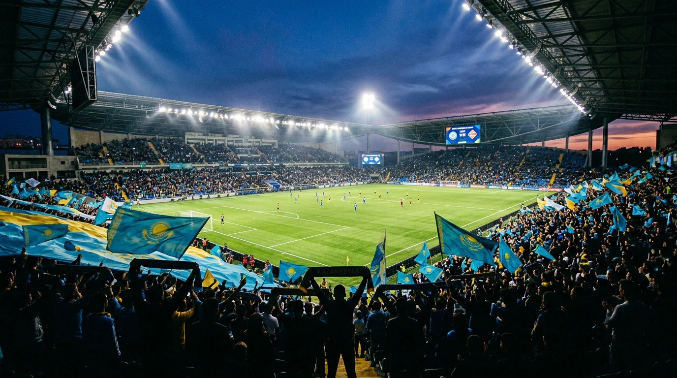 Football fans in Kazakhstan celebrating at a QFL league match with colorful scarves