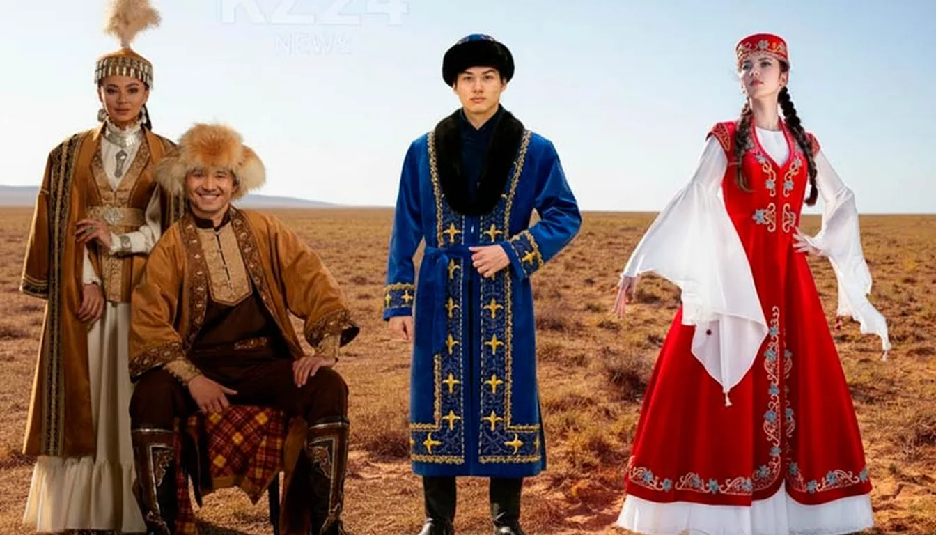 Traditional Kazakh national clothing with embroidered chapan and headdress