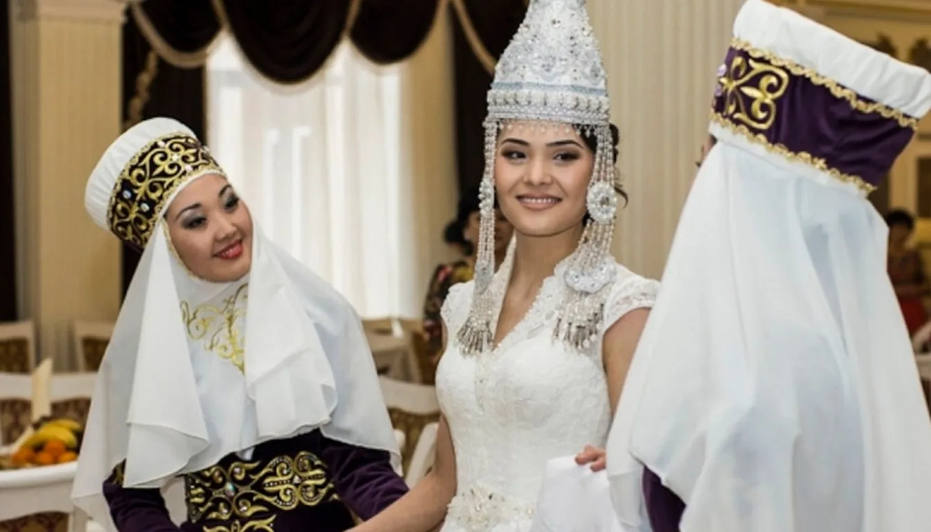 Kazakh wedding celebration with bride in traditional saukele headdress