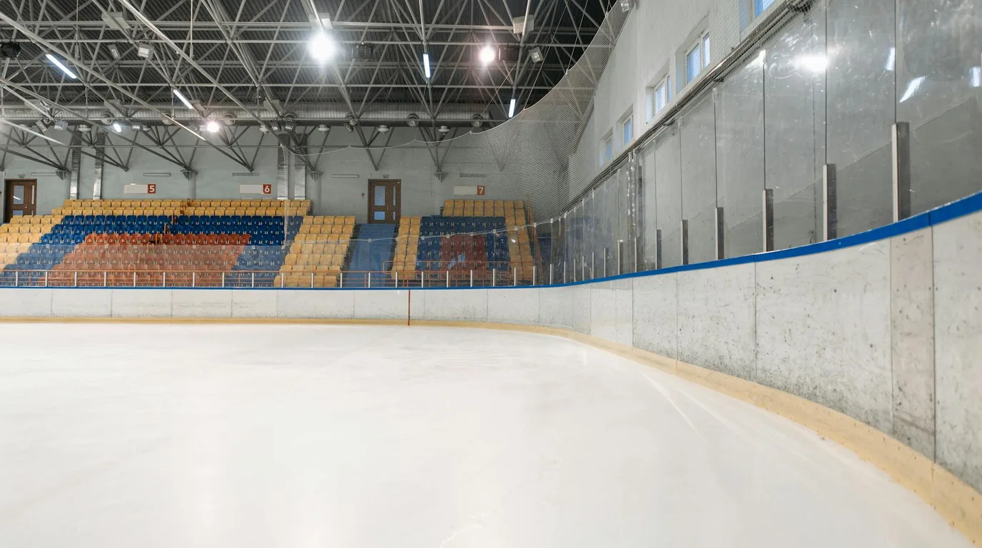 Medeu high-altitude ice skating rink with Tien Shan mountains behind it
