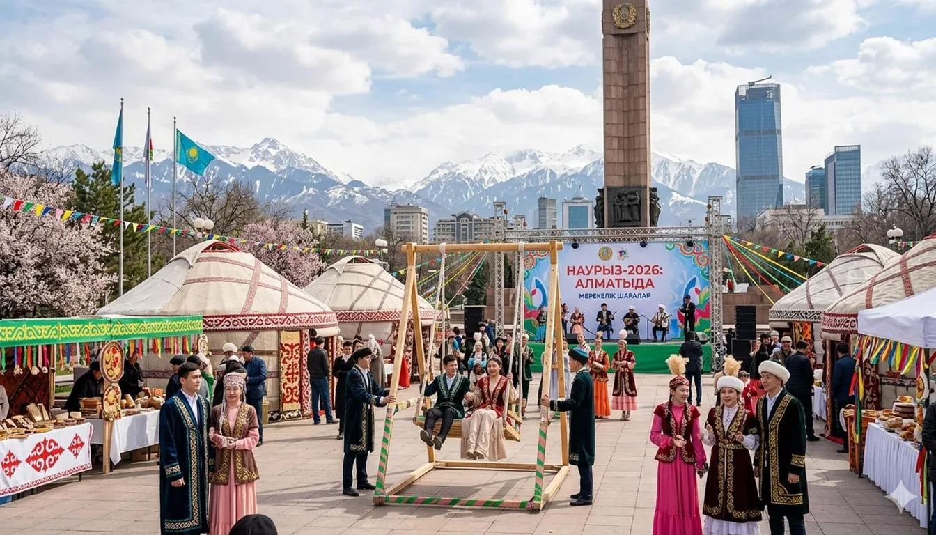 Nauryz spring festival celebration in Almaty with yurts and decorations