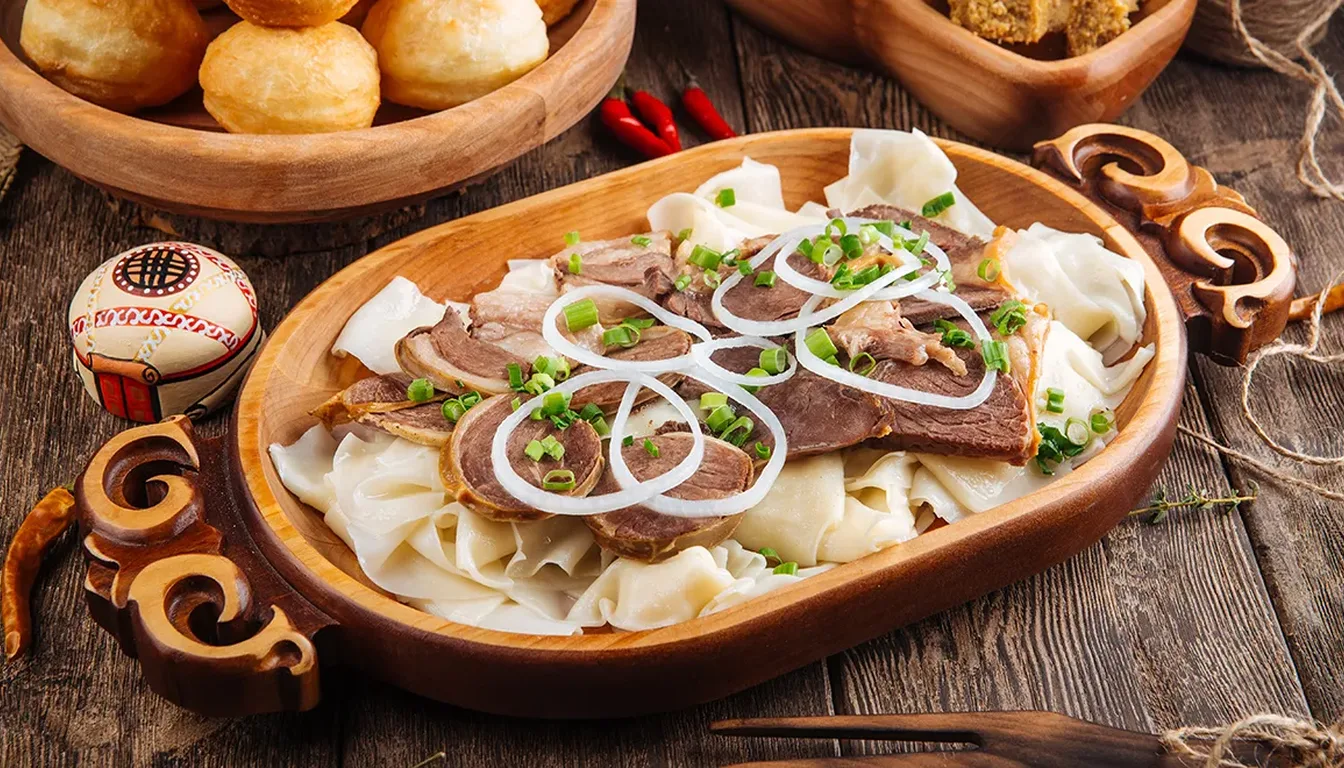 Beshbarmak, traditional Kazakh national dish with meat and noodles