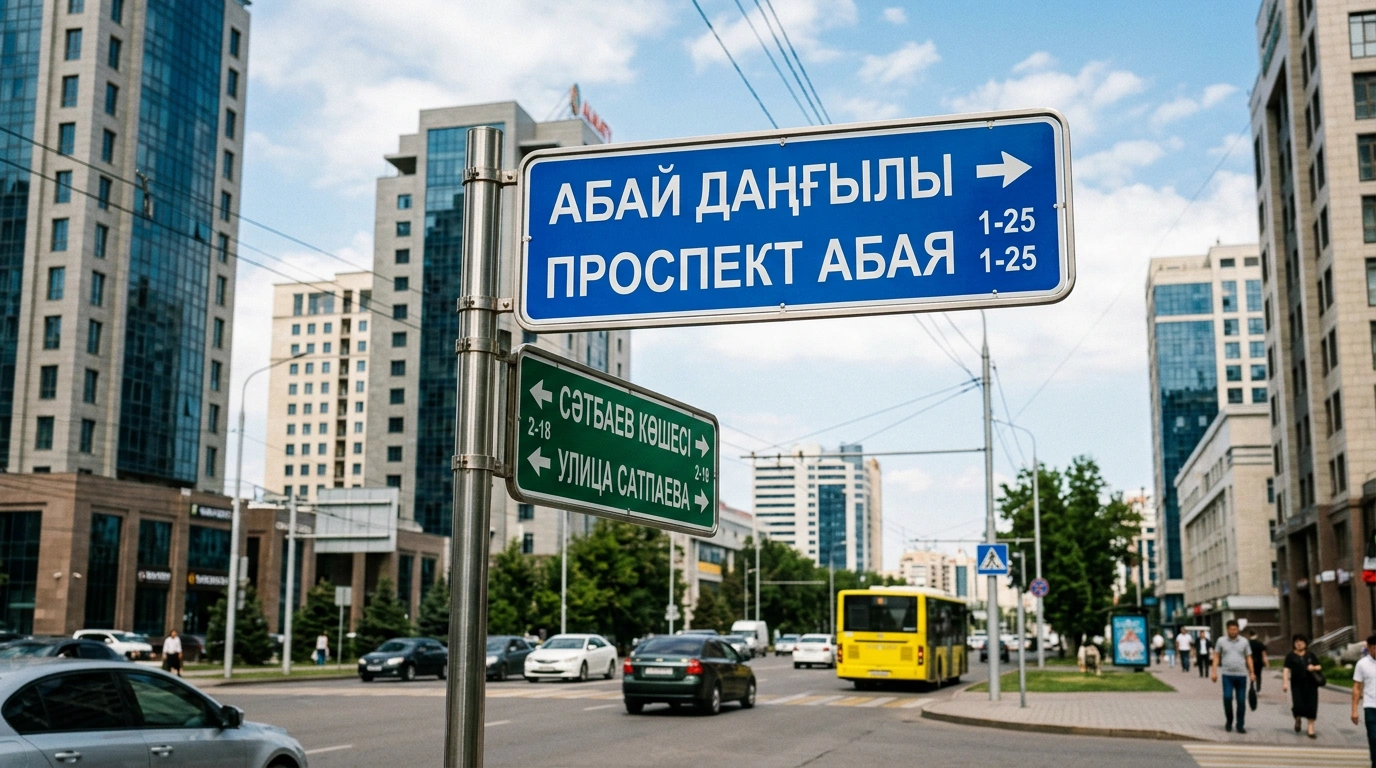 Kazakh and Russian language street signs in Almaty